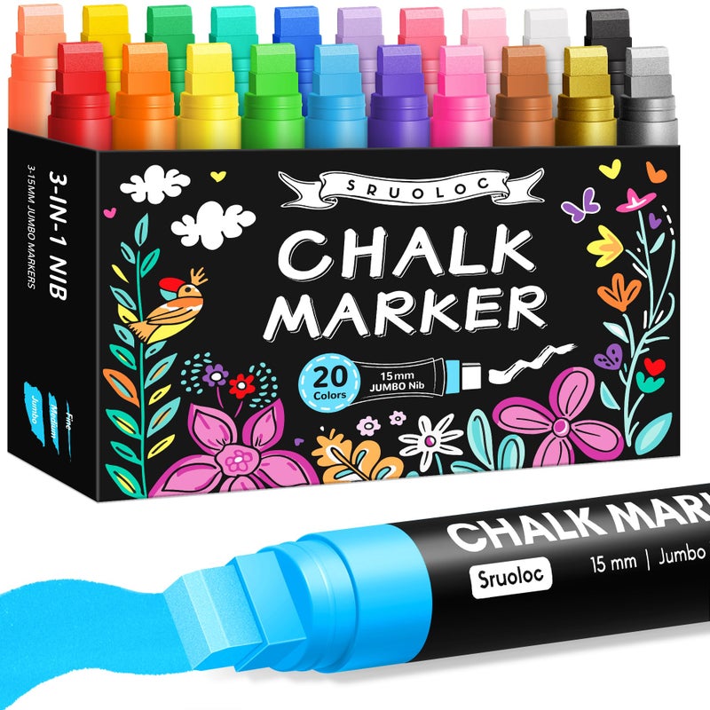 SRUOLOC Window Chalk Markers for Glass Washable, 20 Colors Jumbo Liquid Chalk Marker with 15mm 3 in 1 Nib Thick Wide Tips, Big Chalkboard Markers, Car Paint Pen for Auto, Bistro, Mirror, Poster, Blackboards - Image 1